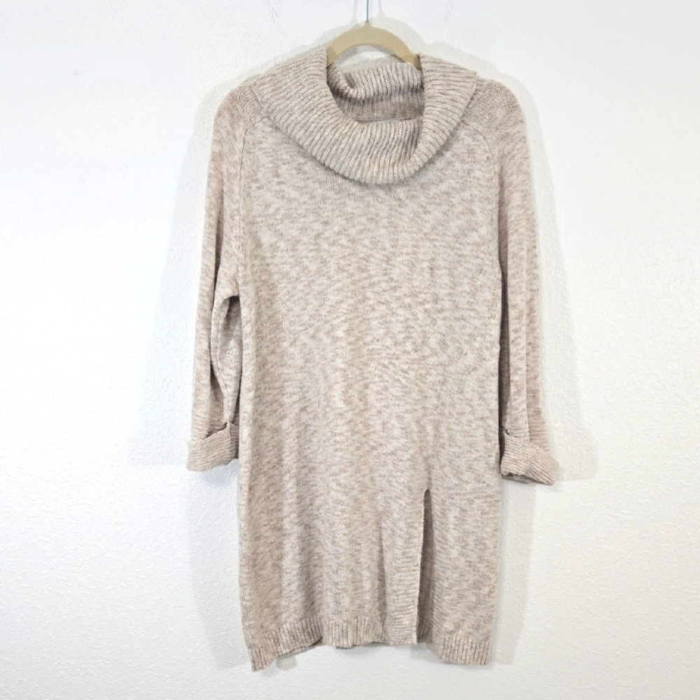 Pure Jill J. Jill Tunic Sweater Cream/Tan Cowl Neck Cuffed Sleeves Front Slit, L